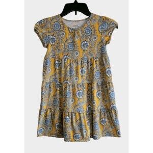 Garnet Hill Dress  Organic Cotton Yellow Blue Floral Shift Girls Medium